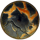 Circular object showing hunting dogs in pursuit of some gazelles. 