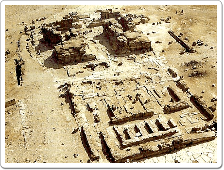The remains of Khefren's mortuary temple, seen from his pyramid. The distinction between the heavy fore section and the lighter back section is very clear.