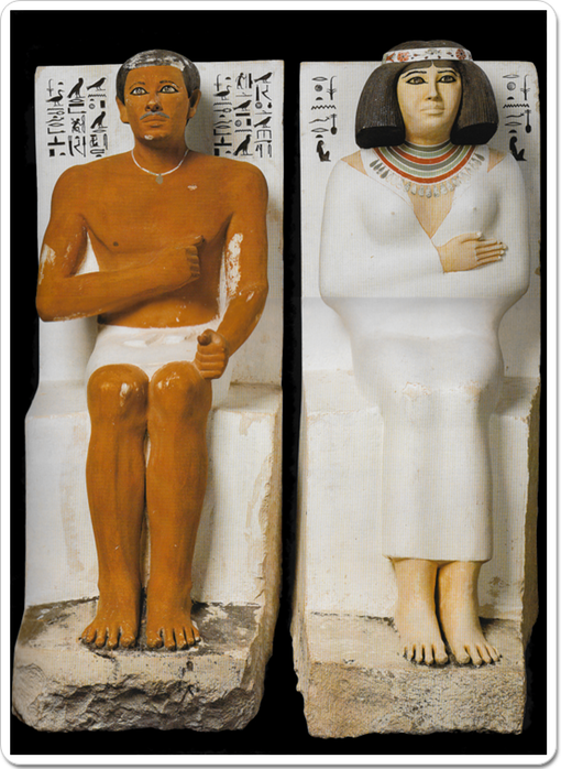 Statues of Rahotep and his wife Nofret, found in their tomb at Meidum.
