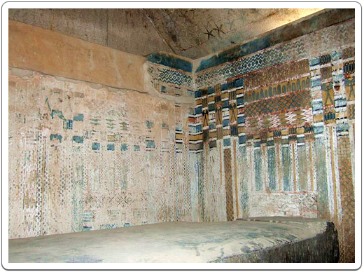 The burial chamber of Unas, showing the nicely decorated walls.
